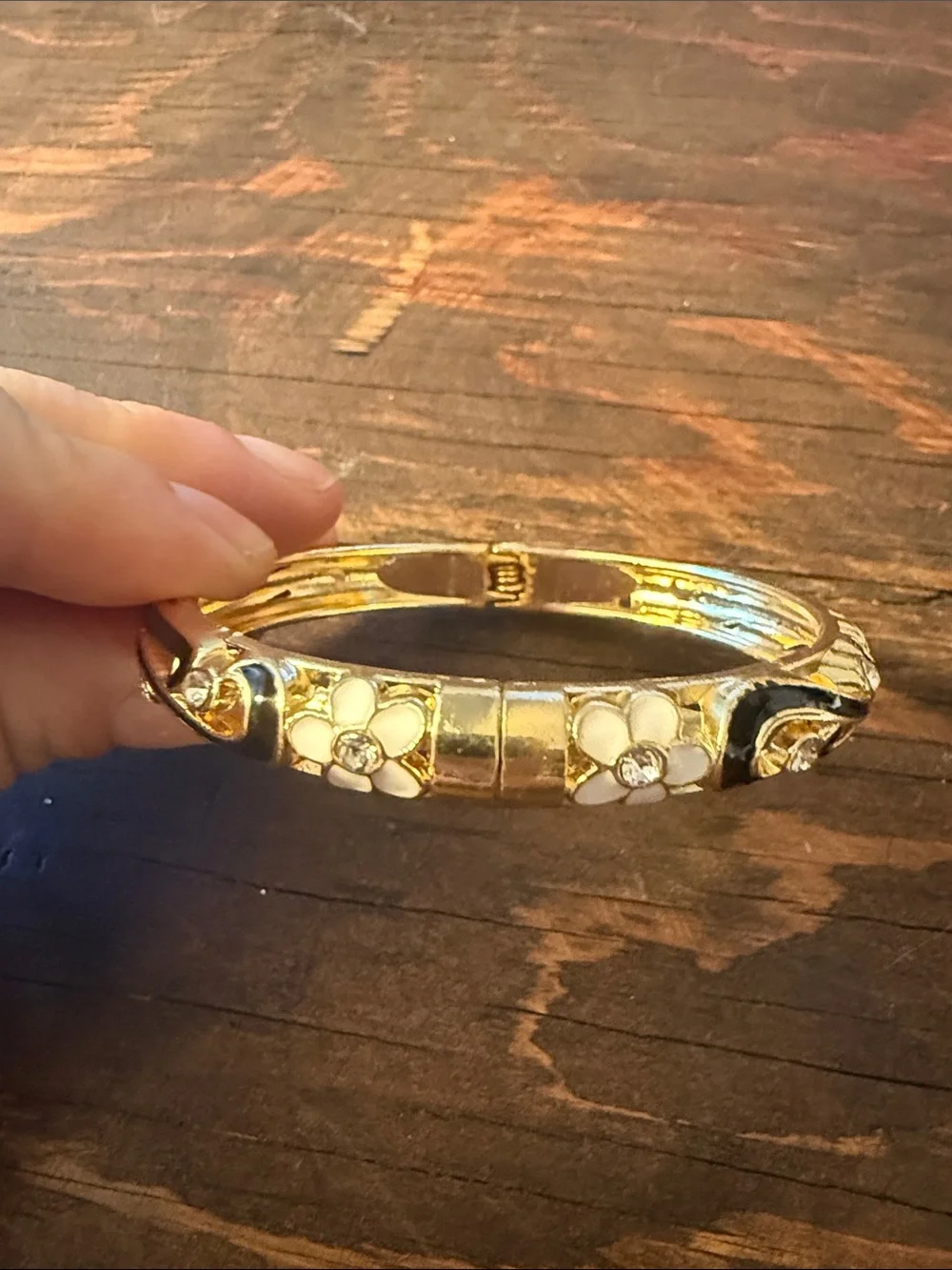 Gold Plated Enamel Flower & Crystal Enamel Flower Bangle Bracelet Black & White